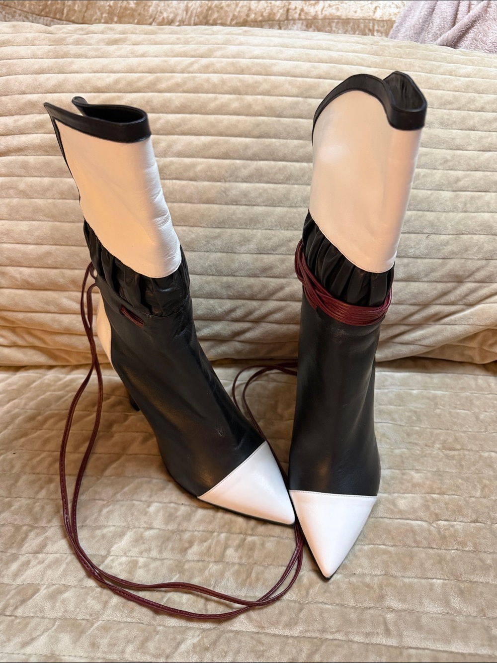 Two-Tone Black & White Pointed Heeled Ankle Boots with Burgundy Wrap Laces